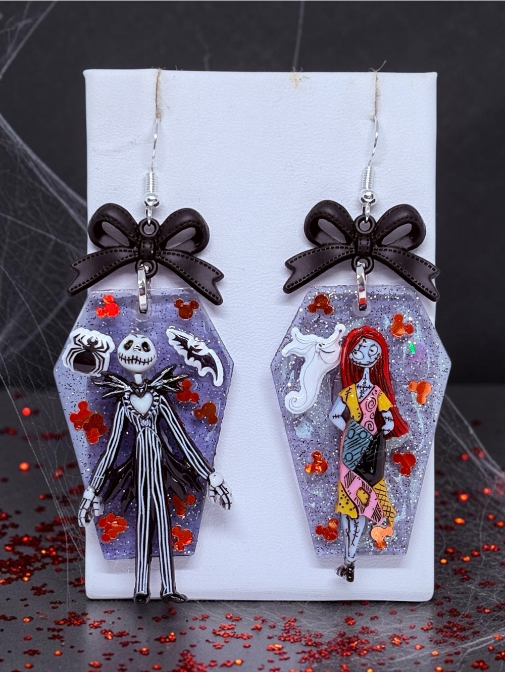 Handmade Jack Skellington & Sally Coffin Earrings in Purple